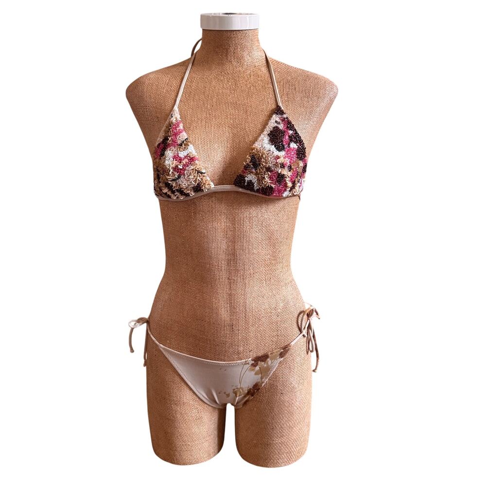 La Perla Two Piece String Bikini Beaded Embellished Triangle Top Size 42 US 6
